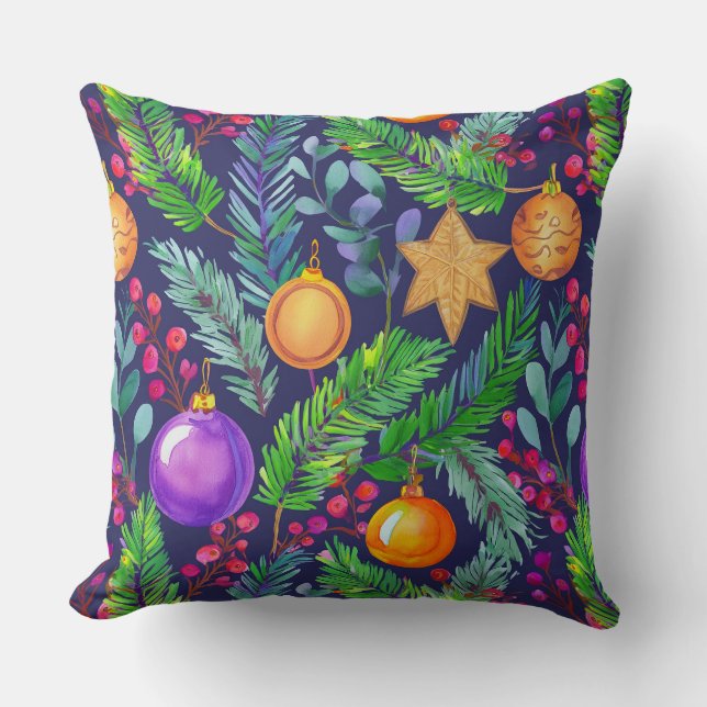 Christmas pine and ornaments purple pattern throw pillow (Front)