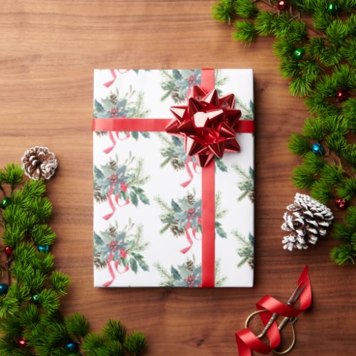 Christmas Pine and Ribbon Bouquet Wrapping Paper