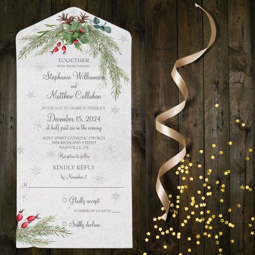 Christmas Pine and Snowflakes All In One Invitation