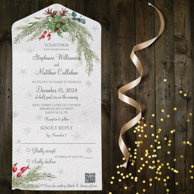 Christmas Pine and Snowflakes with QR Code  All In One Invitation (Also available without QR code)