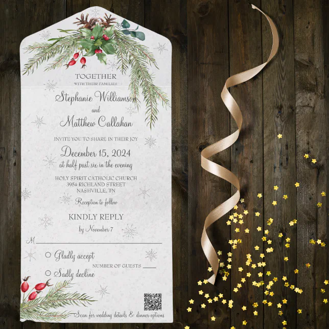 Christmas Pine and Snowflakes with QR Code All In One Invitation | Zazzle