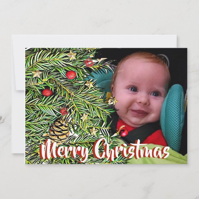 Christmas Pine & Berries Personalized Photo Holiday Card (Front)