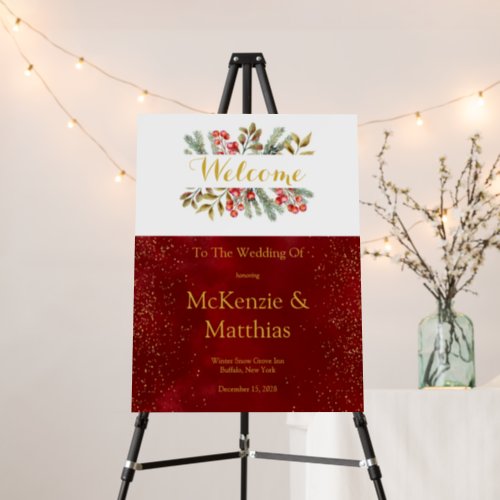 Christmas Pine Berry Burgundy Gold Welcome Sign