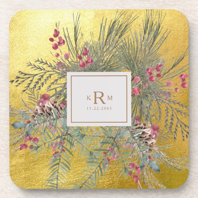 Christmas Pine Botanical Gold Monogram  Beverage Coaster (Front)