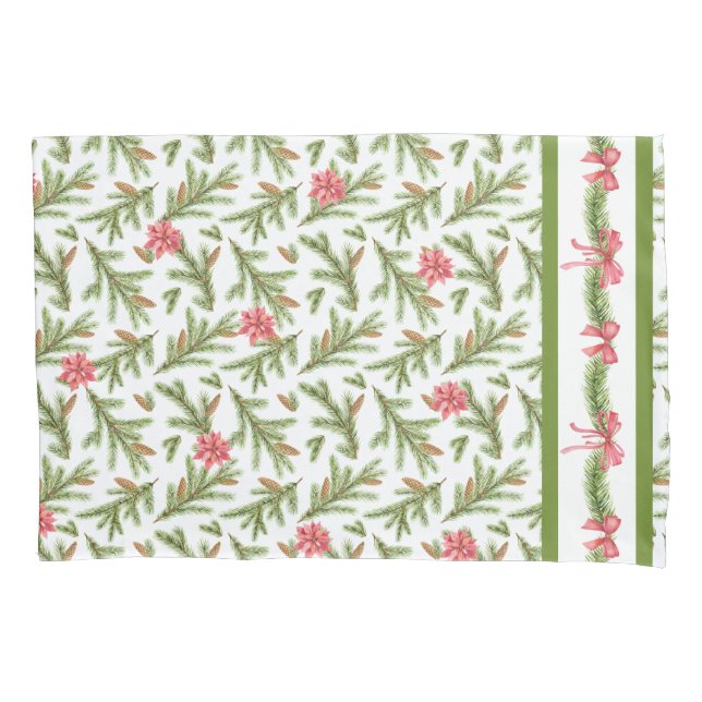 Christmas Pine Boughs and Poinsettias Pillow Case (Front)
