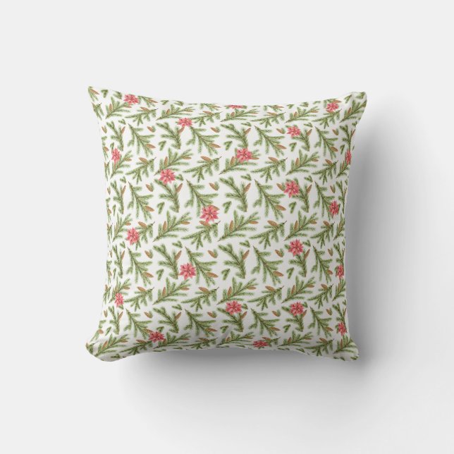 Christmas Pine Boughs and Poinsettias Throw Pillow (Front)
