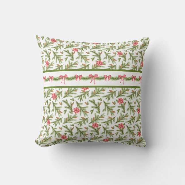 Christmas Pine Boughs, Poinsettias and Red Bows Throw Pillow (Front)