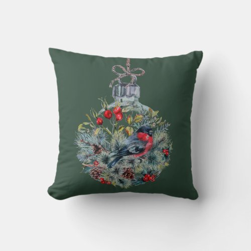 Christmas Pine Branch Holly Berries Red Black Bird Throw Pillow