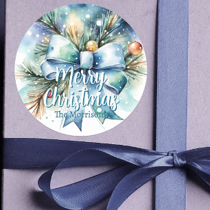 Christmas Pine Branch with Blue Bow and Ornaments Classic Round Sticker