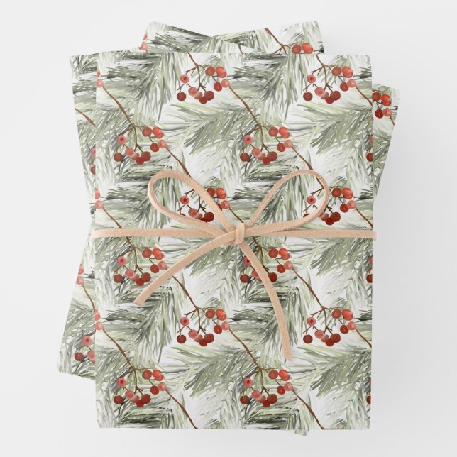 Christmas Pine Branches and Red Berries  Wrapping Paper Sheets (In situ)