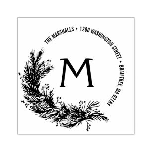 Christmas Pine Branches Monogram Return Address Rubber Stamp
