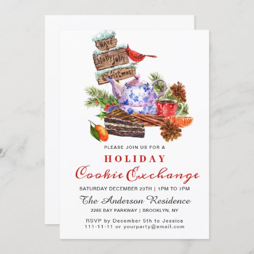 Christmas Pine Cone Branch Holiday Cookie Exchange Invitation