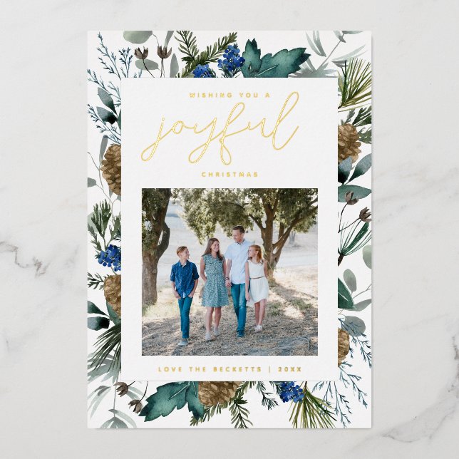 Christmas Pine Cone Frame Family Photo Foil Holiday Card (Front)