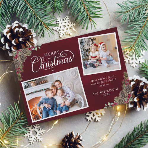 Christmas Pine Cone Watercolor 2 Photo Burgundy Holiday Card