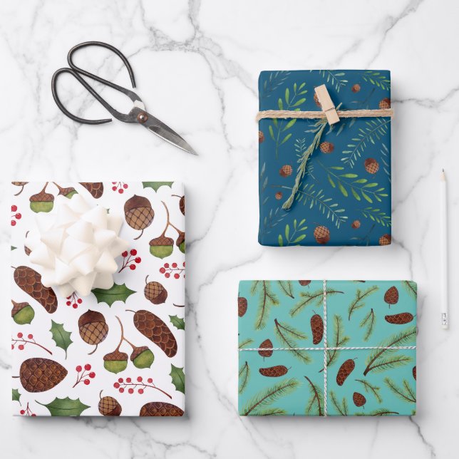 Christmas Pine Cones and Branches Watercolor Wrapping Paper Sheets (Front)