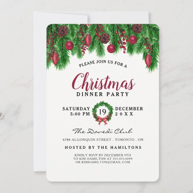 Christmas Pine Cones, Berries, Ornaments and Plaid Invitation (Front)