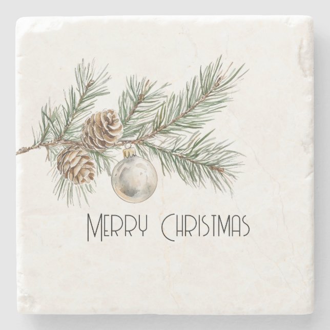 Christmas Pine Cones Branch and Ornament Stone Coaster (Front)