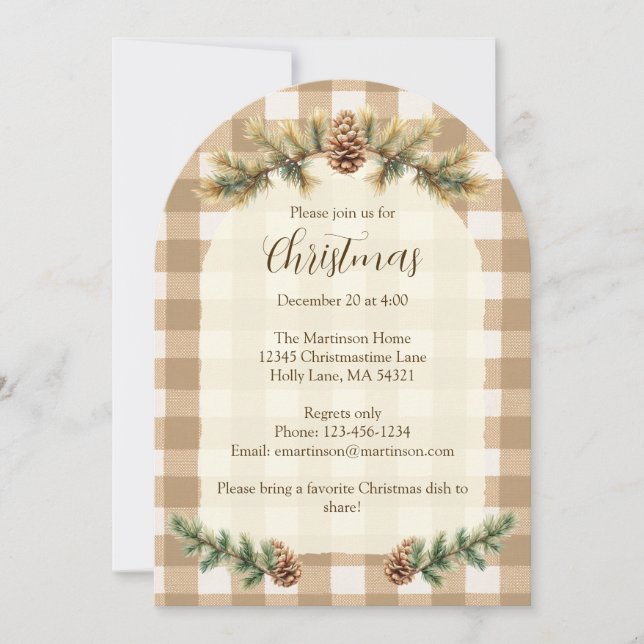 Christmas Pine Cones Branches Brown Gingham Arch Invitation (Front)