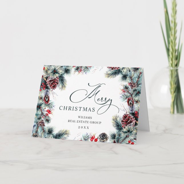 Christmas Pine Cones Corporate Rustic Greeting Holiday Card (Front)