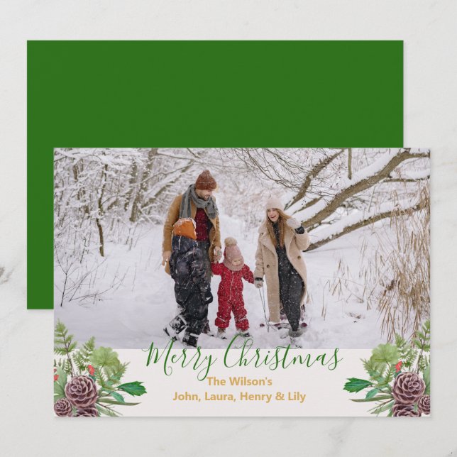 Christmas Pine Cones Family Photo Holiday Card (Front/Back)