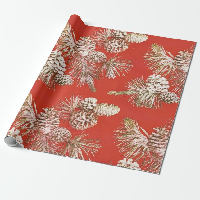 Christmas Pine Cones Gold Glitter Red Wrapping Paper (Unrolled)