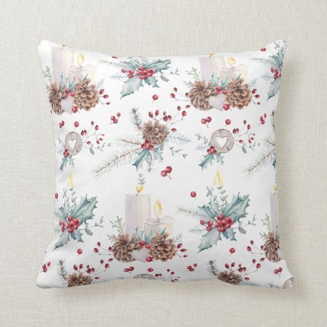 Christmas Pine Cones Holly Berries Candles Throw Pillow