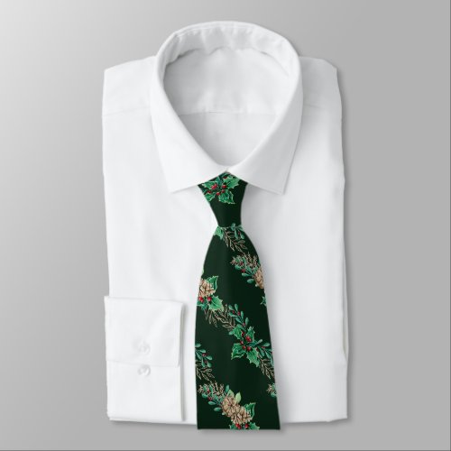 Christmas Pine Cones Holly Foliage Striped Green Neck Tie