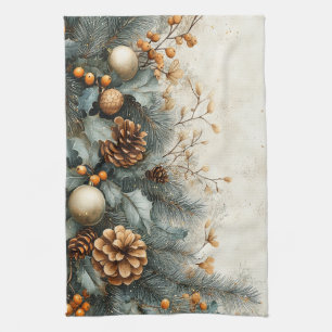 Christmas Pine Cones Holly Gold Ornaments Kitchen Towel