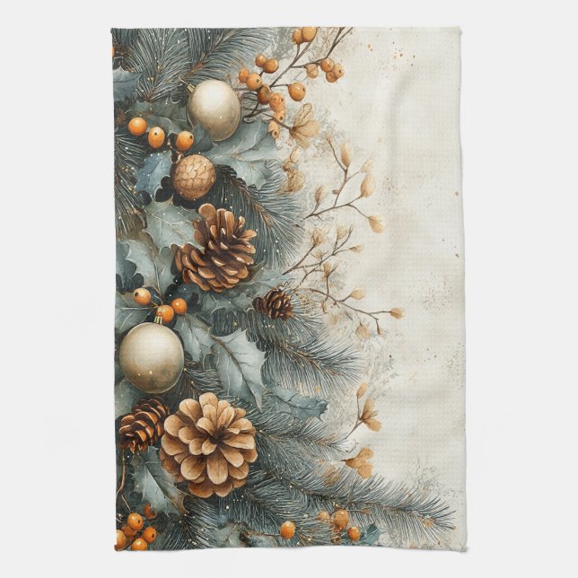  Christmas Pine Cones Holly Gold Ornaments Kitchen Towel (Vertical)