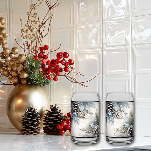 Christmas Pine Cones Holly Pine Branch Snow Can Glass