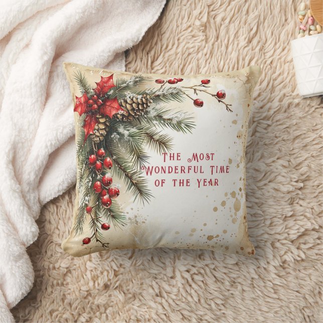 Christmas Pine Cones Holly Red Berries Throw Pillow (Blanket)