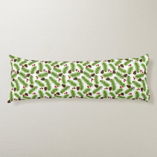 Christmas Pine Cones Leaves  Berries on White Body Pillow