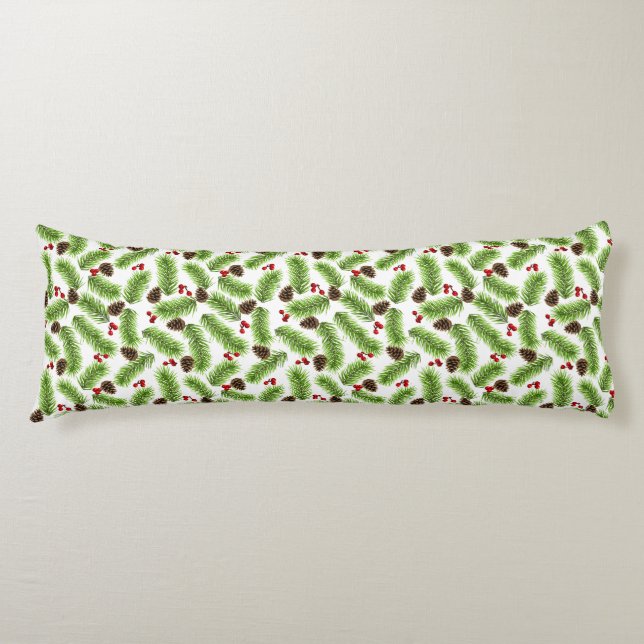 Christmas Pine Cones, Leaves & Berries on White Body Pillow (Front)