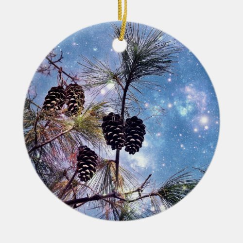 Christmas Pine cones under a starry night sky Ceramic Ornament