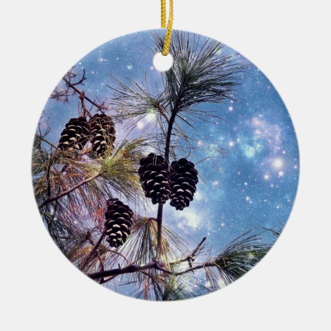 Christmas Pine cones under a starry night sky Ceramic Ornament (Front)