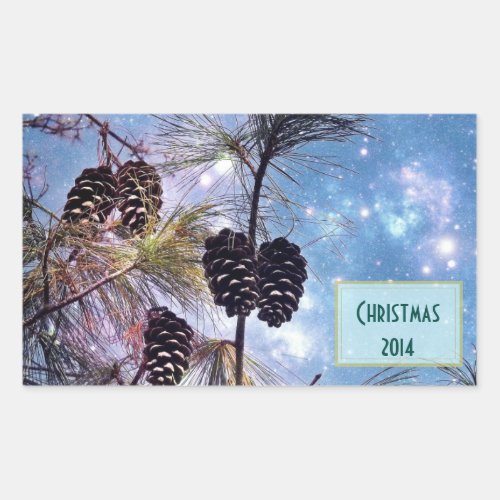 Christmas Pine cones under a starry night sky Rectangular Sticker