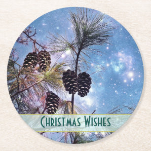 Christmas Pine cones under a starry night sky Round Paper Coaster