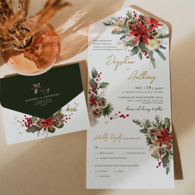 Christmas Pine Floral All in One Wedding Invite (All In One Wedding Invitation)