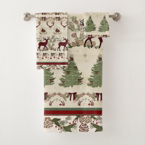 Christmas Pine Forest Deer Antlers Merry n Bright Bath Towel Set