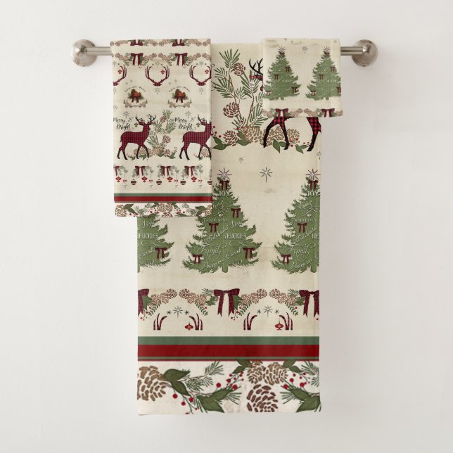 Christmas Pine Forest Deer Antlers Merry n Bright Bath Towel Set (Insitu)