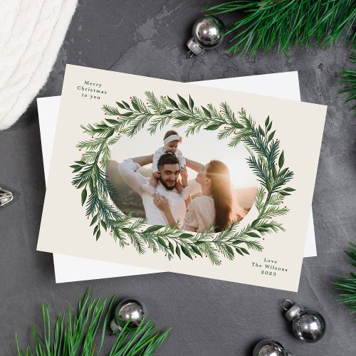 christmas pine frame wreath elegant one photo holiday card