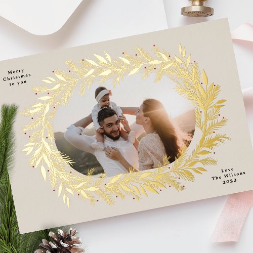 christmas pine frame wreath elegant photo Gold Foil Holiday Card