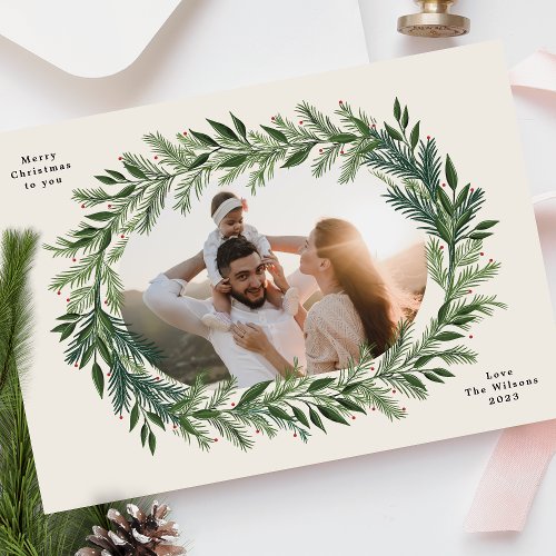 christmas pine frame wreath elegant photo holiday card