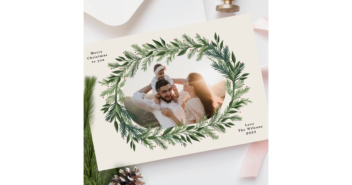 christmas pine frame wreath elegant photo holiday card | Zazzle