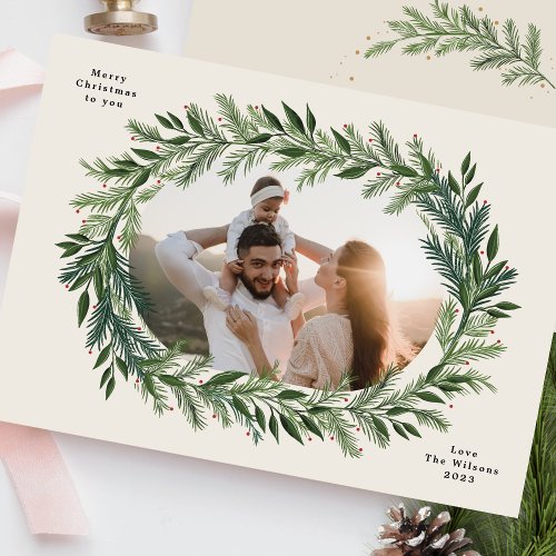 christmas pine frame wreath elegant two tone photo holiday card