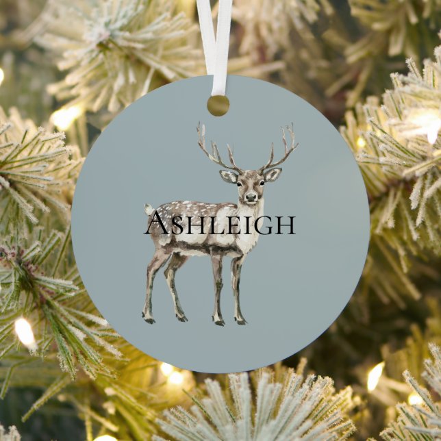 Christmas Pine Green Rustic Deer Name Metal Ornament (Insitu)