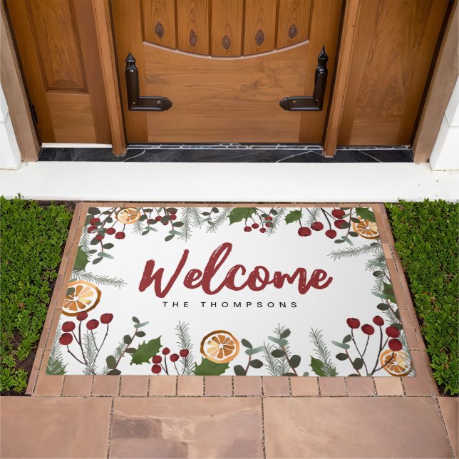Christmas pine holly orange Welcome Custom Holiday Doormat (Outdoor)