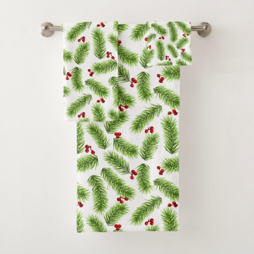 Christmas Pine Leaves and Berries on White Bath Towel Set