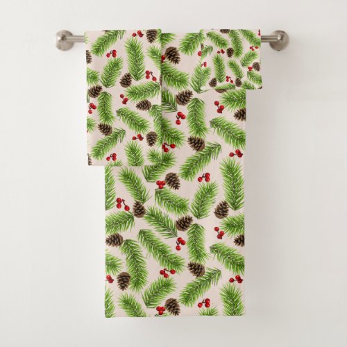 Christmas Pine Leaves Cones and Berries on Beige Bath Towel Set