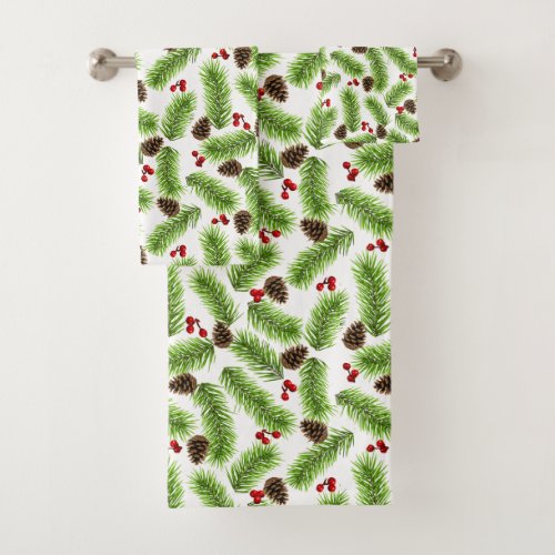 Christmas Pine Leaves Cones and Berries on White Bath Towel Set